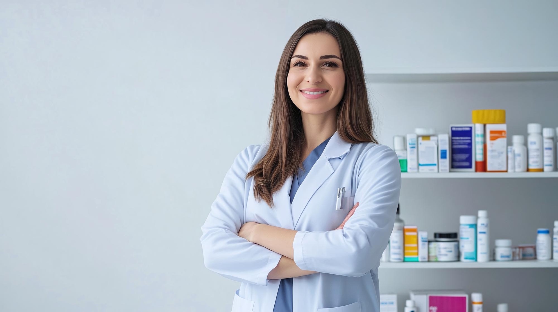 Smiling pharmacist standing inside a pharmacy in Cavan