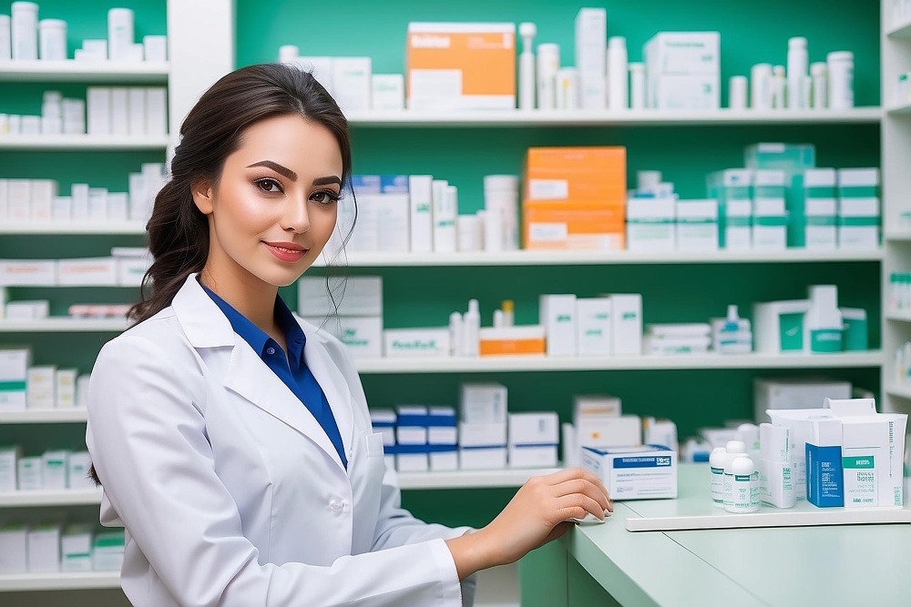 Pharmacy technician working in an Irish pharmacy reviewing prescriptions and medication shelves